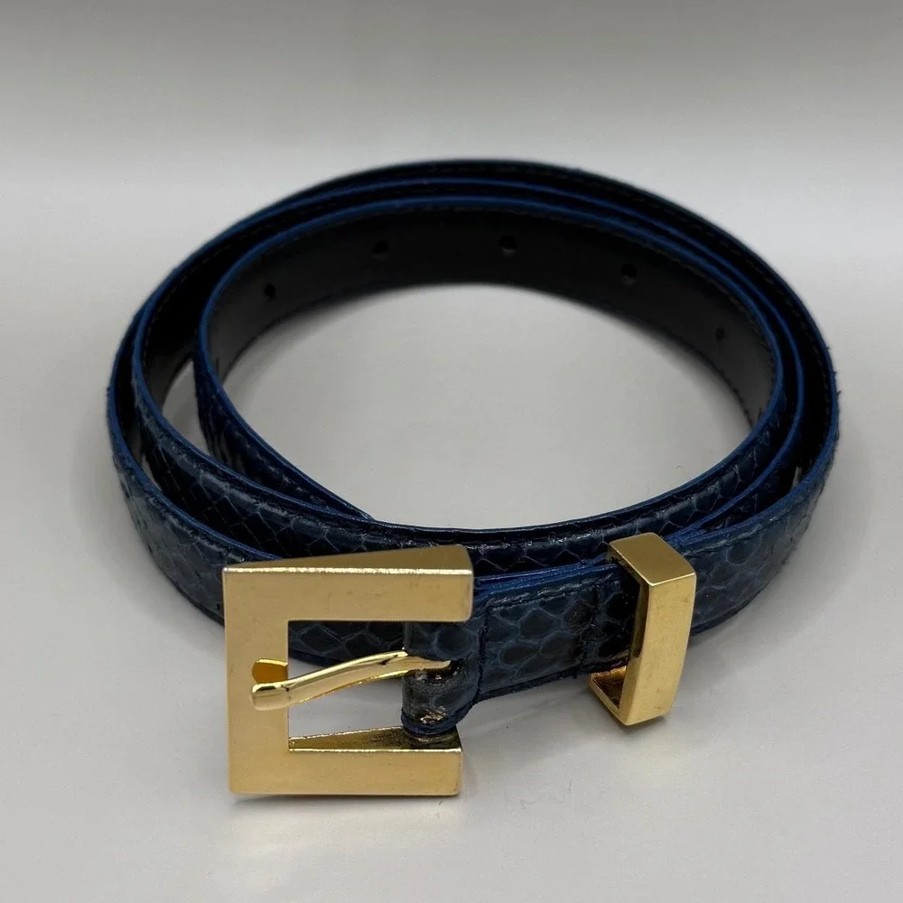 Vintage SHEKA by Faco Blue Genuine Snakeskin Belt Gold Buckle Made in Taiwan‎ 2X